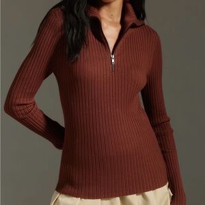 MAEVE Anthropologie size M fitted 1/2 zip ribbed top Brown